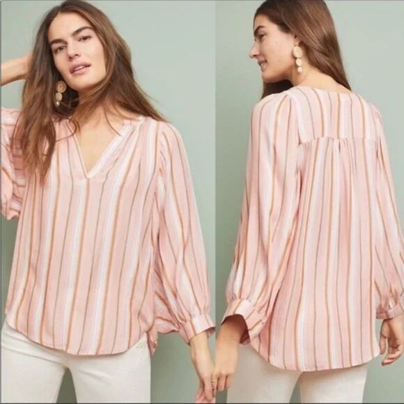 Anthropologie Maeve Brenda Pink and White Striped Boho Ballon Sleeve Blouse - Picture 1 of 9